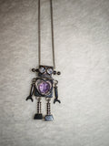 Cute Robot Pendant Necklace with Purple Crystal Heart Silver Tone Gift #176