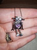 Cute Robot Pendant Necklace with Purple Crystal Heart Silver Tone Gift #176