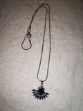 Blue Crystal Fanburst Pendant Necklace Silver Tone Vintage Style Statement #182