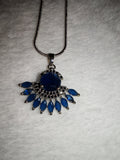 Blue Crystal Fanburst Pendant Necklace Silver Tone Vintage Style Statement #182