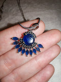 Blue Crystal Fanburst Pendant Necklace Silver Tone Vintage Style Statement #182