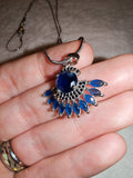 Blue Crystal Fanburst Pendant Necklace Silver Tone Vintage Style Statement #182