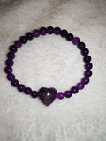 Natural Amethyst Beaded Bracelet Heart Charm Purple Crystal Gemstone Stretch #49