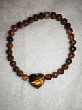 Natural Tigers Eye Beaded Bracelet Heart Charm Golden Crystal Gemstone Stretch #50