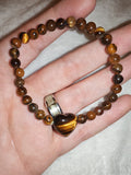 Natural Tigers Eye Beaded Bracelet Heart Charm Golden Crystal Gemstone Stretch #50