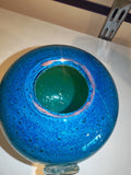 Vintage Mdina Style Bubbly Blue Art Glass Vase with Applied Clear Disc #16