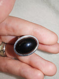 Adjustable Black Cabochon Statement Ring | Silver Tone | Modern Oval Design