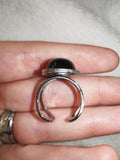 Adjustable Black Cabochon Statement Ring | Silver Tone | Modern Oval Design