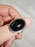 Adjustable Black Cabochon Statement Ring | Silver Tone | Modern Oval Design