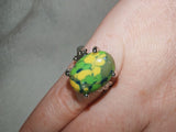 Multicoloured Cabochon Statement Ring | Silver Tone | Green Yellow Oval Ring | SIZE (Copy)