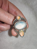 Iridescent Statement Ring | Rainbow Moonstone Style Cabochons | Silver Tone | SIZE