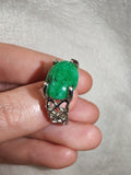 Green Aventurine Gemstone Statement Ring | Ornate Silver-Tone Setting | SIZE