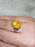 Yellow Chalcedony Gemstone Ring | Oval Cabochon | Silver-Tone | SIZE