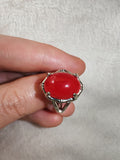 Red Chalcedony Gemstone Ring | Oval Cabochon | Silver-Tone | SIZE