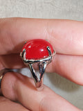 Red Chalcedony Gemstone Ring | Oval Cabochon | Silver-Tone | SIZE