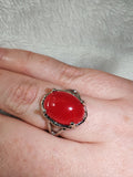 Red Chalcedony Gemstone Ring | Oval Cabochon | Silver-Tone | SIZE