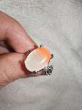 Cat's Eye Glass Ring | White & Peach Fibre Optic Cabochon | Silver-Tone | SIZE