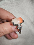 Cat's Eye Glass Ring | White & Peach Fibre Optic Cabochon | Silver-Tone | SIZE