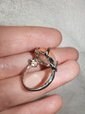 Cat's Eye Glass Ring | White & Peach Fibre Optic Cabochon | Silver-Tone | SIZE