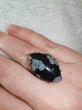 Snowflake Obsidian Adjustable Gemstone Ring | Large Marquise Cabochon | Silver-Tone