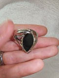Black Onyx Adjustable Gemstone Ring | Large Marquise Cabochon | Silver-Tone Statement Ring