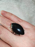 Black Onyx Adjustable Gemstone Ring | Large Marquise Cabochon | Silver-Tone Statement Ring