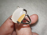 White Cat's Eye Glass Statement Ring | Fibre Optic Cabochon | Silver Tone Ring | SIZE