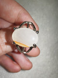 White Cat's Eye Glass Statement Ring | Fibre Optic Cabochon | Silver Tone Ring | SIZE