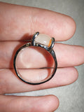 White Cat's Eye Glass Statement Ring | Fibre Optic Cabochon | Silver Tone Ring | SIZE
