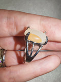 White Cat's Eye Glass Statement Ring | Fibre Optic Cabochon | Silver Tone Ring | SIZE