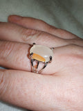 White Cat's Eye Glass Statement Ring | Fibre Optic Cabochon | Silver Tone Ring | SIZE