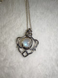 Rainbow Moonstone Gemstone Ornate Silver Tone Necklace | Blue Flash