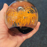 Large Orange Floral Art Glass Paperweight Clear Bubble Dark Base 950g #115
