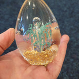 Green & Gold Art Glass Egg Paperweight Fountain Design Bubbles 375g #113