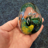Multicolour Art Glass Egg Paperweight Green Orange Yellow Bubble Design 325g #114