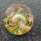 Handcrafted Green & White Swirl Art Glass Paperweight with Amber Honey Tones #81