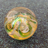 Handcrafted Green & White Swirl Art Glass Paperweight with Amber Honey Tones #81