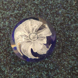 Handcrafted White Flower Art Glass Paperweight with Cobalt Blue Base #78