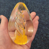 Vintage Hand Blown Art Glass Teardrop Paperweight Amber Yellow & Silver Spiral Sculpture 370g