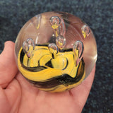 Handcrafted Yellow & Black Art Glass Paperweight with Floating Bubble Design #82