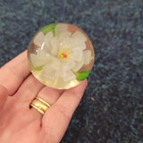 Handcrafted White Floral Art Glass Paperweight with Green Leaves #67