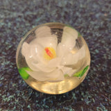 Handcrafted White Floral Art Glass Paperweight with Green Leaves #67