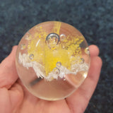 Handcrafted Yellow & White Abstract Floral Art Glass Paperweight with Controlled Bubbles #53