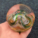 Handcrafted Green & White Swirl Art Glass Paperweight with Amber Honey Tones #81