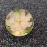 Handcrafted White Floral Art Glass Paperweight with Green Leaves #67
