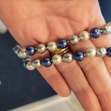 Vintage Style Blue Silver Faux Pearl Knotted Necklace Rhinestone Box Clasp