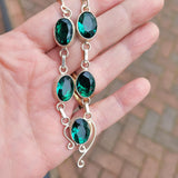 Vintage 925 Sterling Silver Emerald Green Crystal Drop Necklace Statement Pendant