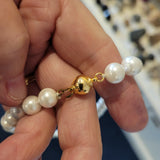 Vintage Style White Faux Pearl Knotted Necklace Gold Tone Ball Clasp Strand 8mm