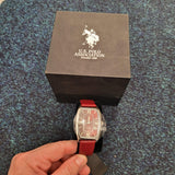 U.S. Polo Assn Burgundy Dial Leather Strap Quartz Date Watch Boxed NOS #1