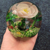 Large White Water Lily Handcrafted Art Glass Paperweight with Frog #42